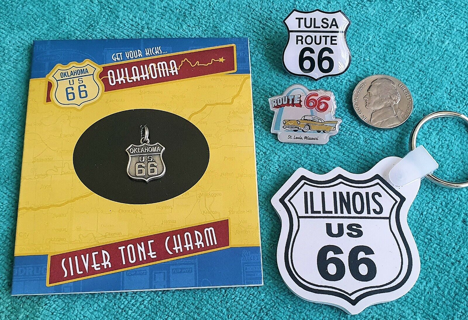 Primary image for ROUTE 66 - COLLECTABLE ITEMS LOT - SILVER CHARM, KEY CHAIN & PINS - NEW & COOL!