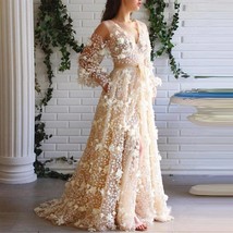 Gorgeous 3D Flowers Lace Appliques Prom Dresses Long Sleeves V-Neck High Side Sp - £316.05 GBP