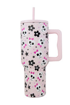 Light Pink Halloween Skull Flower Print Handle Large Vacuum Cup 40oz - $525.47 MXN