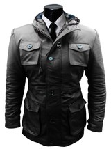 Mens black hooded long jacket, Men multi pockets leather jacket, Mens jacket 201 - £122.14 GBP