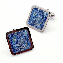 Unique Blue Paisley Design Cufflinks Chrome Retro Print Smart Wedding Groom - $15.19