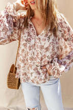 Boho Floral Print Split V Neck Bubble Sleeve Blouse - £16.02 GBP