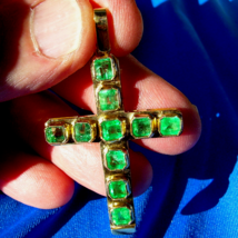 Earth mined Emerald Deco Cross Pendant Elegant Design Charm Solid 14k Gold - £7,765.46 GBP