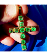 Earth mined Emerald Deco Cross Pendant Elegant Design Charm Solid 14k Gold - £7,825.80 GBP
