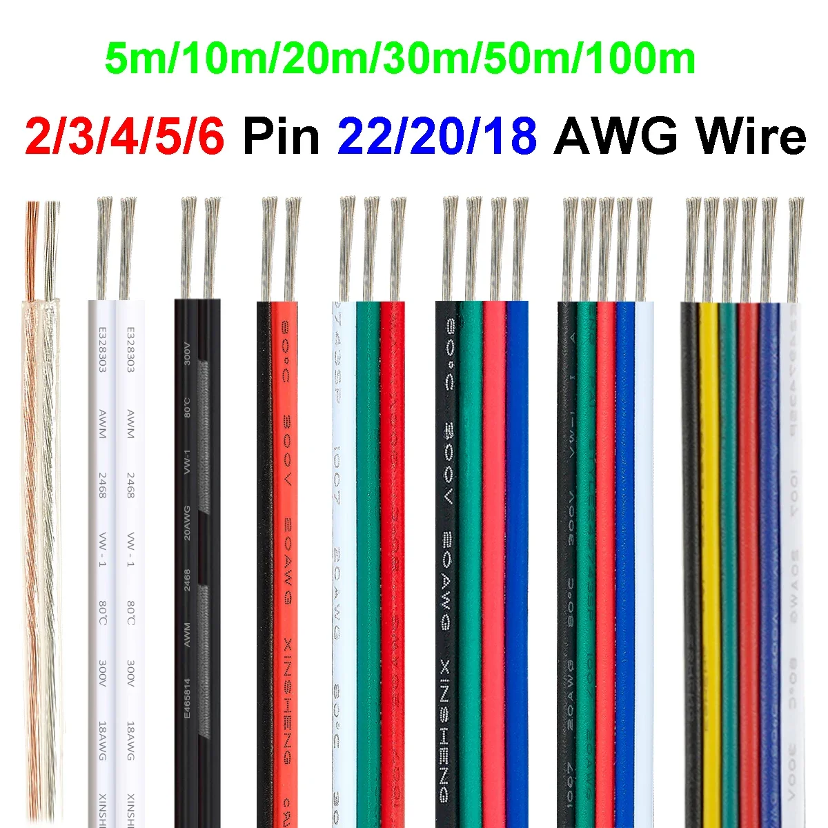 2/3/4/5/6pin Electrical Wire LED Cable 5-100m 5/12/24V JST Extension ConBor Cabl - £18.67 GBP