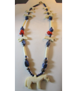 Vintage Zuni Carved White Horse Fetish Necklace Lapis Coral Heishi Beads... - £148.83 GBP