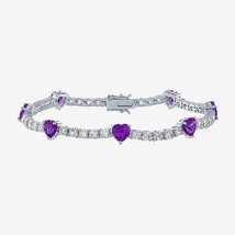 6mm Heart Shape Simulated Amethyst Tennis Bracelet 14K White Gold Plated 7&quot; Xmas - £108.05 GBP