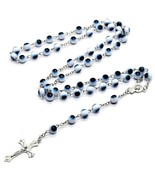 EVIL EYE ROSARY 30&quot; Necklace 6&quot; Drop 8mm Blue White Prayer Beads Cross C... - $3.95