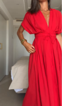 ZARA BNWT 2025. RED COTTON MIDI DARTED DRESS V NECK. 2965/395/600 - $132.85