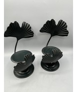 Set Of 2 Black Metal Gingko Leaf Pillar Candle Holders Decor - $21.67