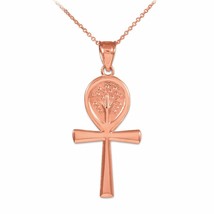 14K Real Rose Gold Ankh Cross Tree of Life Pendant Necklace - £162.94 GBP+