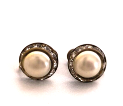 Vintage Imitation Pearl Earrings Encircled in Rhinestones Screw Backs Jewelry - £9.99 GBP