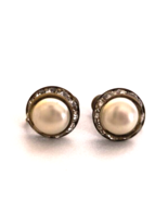 Vintage Imitation Pearl Earrings Encircled in Rhinestones Screw Backs Je... - $12.50