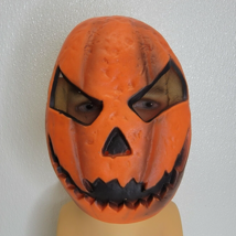 Rubber Halloween Pumpkin Face Mask Orange Black Creepy Scary Elastic Strap - £11.75 GBP