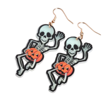 Halloween Funny Skeleton Pumpkin Design Luminous Dangle Earrings - New - £15.03 GBP