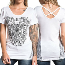 Affliction Ironside Fleur Floral Lace Side Womens Scoop Neck T-Shirt Whi... - £55.06 GBP