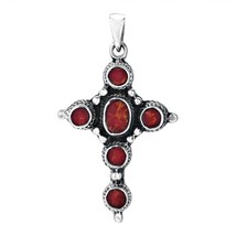 Intricate  Red Coral Inlay Circle of Faith Cross .925 Silver Pendant - £15.07 GBP