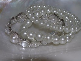 Estate Lot of 3 White Faux Pearl  &amp; Clear Rhinestone Rimmed SIlvertone Bead  - £9.72 GBP