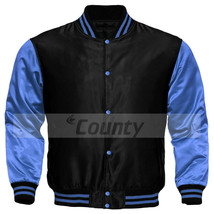New Letterman Baseball College Bomber Jacket Sports Black Sky Blue Satin - £46.99 GBP