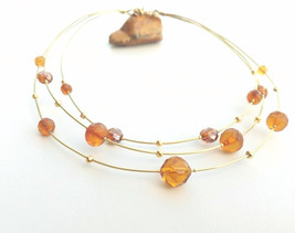 Golden brass wire choker, yellow vintage crystals, mulstistrand wire necklace - £15.69 GBP