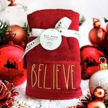 Rae Dunn Christmas Believe Red Gold Hand Towels Guest Bath Set of 2 Embroidered - £32.85 GBP