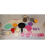 Huge Pretend Play dishes Utensils forks Lot 30 Items Pink Teal Yellow Pu... - $55.44 CAD