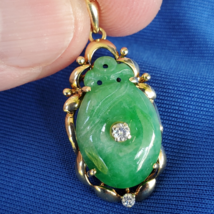 Earth mined Jadeite Jade Diamond Deco Pendant Vivid Green Vintage Solid 14k Gold - $3,035.25