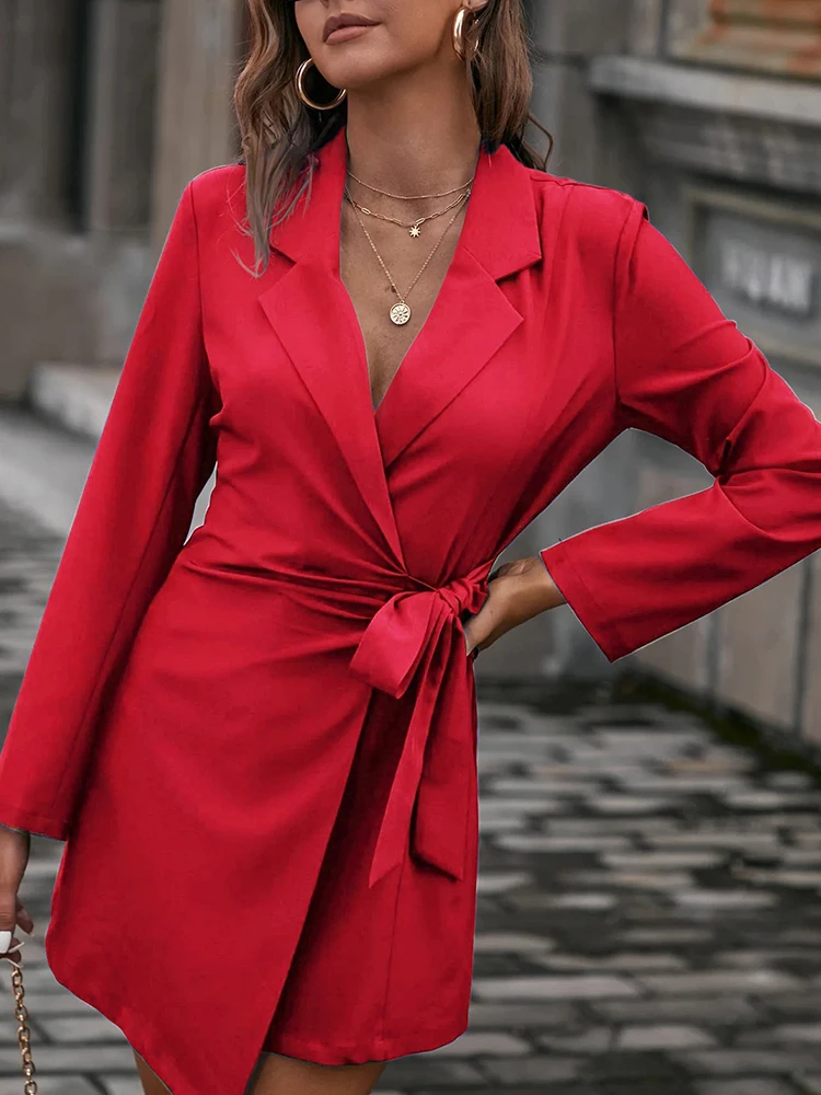 Women Solid Turn-down Collar Blazer Dress Spring Casual Long Sleeve Straight Lac - £124.34 GBP