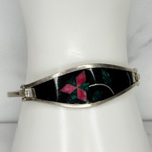 Vintage Mexico Silver Tone Flower Inlay Hinge Bangle Bracelet - $24.74