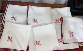 Lot Of 7 Vintage Linen Embroidered  Pink &amp; Burgundy  Flowers Dinner Napkins - £17.19 GBP
