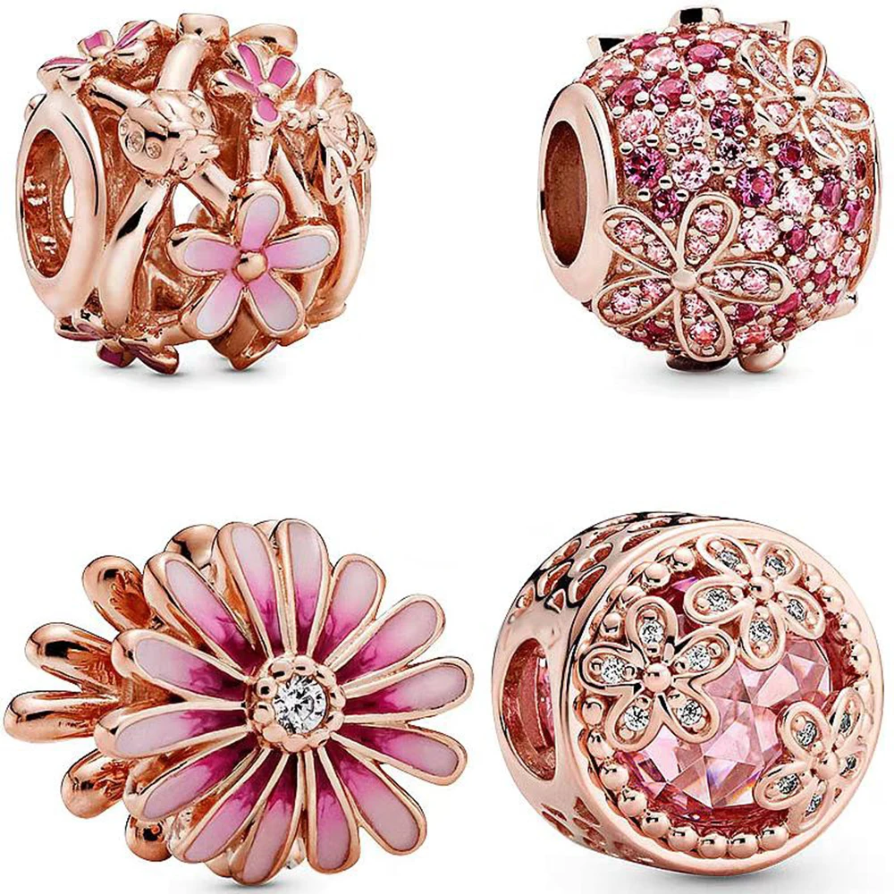 House Home Rose Gold Pink Daisy Charms Fit Original Pandora Bracelet A 9... - £19.54 GBP