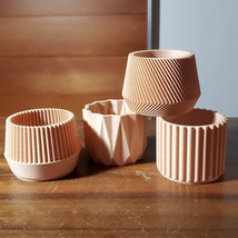 3D Printed 2&quot; Pots Geometric Mini Planters Beige Plastic Detailed 4 Pc S... - $22.54