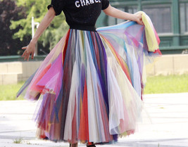 Rainbow Long Tulle Skirt Holiday Outfit Adult Plus Size Rainbow Tulle Maxi Skirt image 3