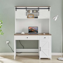 Farmhouse Executive Desk w/ Charging Station &amp; Drawers - White - £246.85 GBP