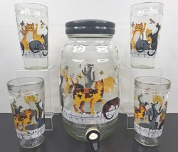 5 Pc Anchor Hocking Cats Butterflies On Fence Glasses Jug Dispenser Set Vintage - £101.53 GBP