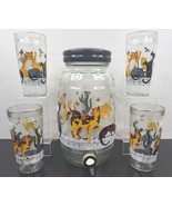 5 Pc Anchor Hocking Cats Butterflies On Fence Glasses Jug Dispenser Set ... - £100.59 GBP