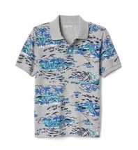 Gap Kids Boys Heather Gray Blue Ocean Print Short Sleeve Pique Cotton Polo 12 - $17.77