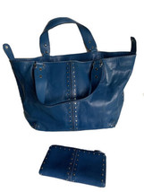 Michael Kors handbag studded blue leather 2 straps shoulder tote purse w... - $183.15