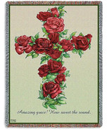 72x54 RED ROSE CROSS  Floral Religious Tapestry Afghan Throw Blanket - £49.61 GBP