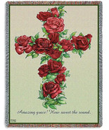 72x54 RED ROSE CROSS  Floral Religious Tapestry Afghan Throw Blanket - $63.36