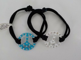 2 Elastic Tween Bracelets White &amp; Turquiose Peace Sign Clear Stone Black Cord - £7.97 GBP