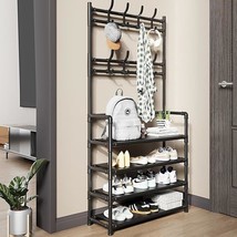 Coat And Shoe Rack, Entryway Coat Rack With 8 Hooks, Shoes Organizer, 4- Tier - £29.14 GBP