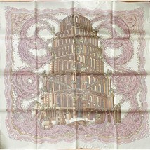 Hermes Scarf LES RIVIERES DE BABEL 90 cm silk pink white Carre tower river 35&quot; - £1,156.56 GBP
