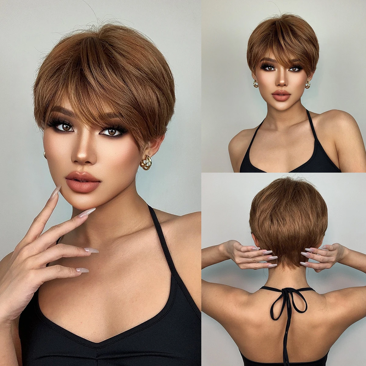 EASIHAIR Brown Short Pixie Cut Synthetic Wigs for Women Natural Straight Layer - £15.78 GBP+