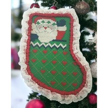 Santa Claus Christmas Stocking Ornament Cross Stitch Handmade Lace Edge - £8.39 GBP