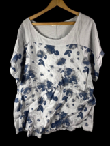 Lungo Larno Top Size 1X Womens Linen Gray Blue Floral Short Sleeve Lagen... - $37.18