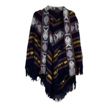 Womens Sweater One Size Aztec Print Poncho Pop Pom Ties Scarf Blue Yellow  - £29.67 GBP