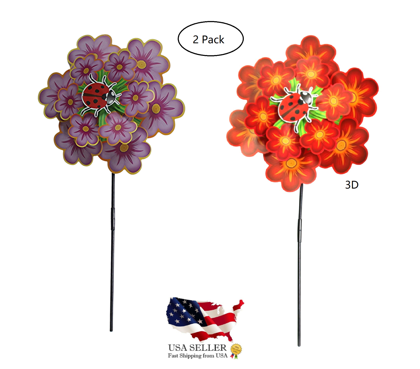 2-Pack 3D Ladybug Windmill Spinners – 27&quot; Tall, Garden Yard Décor - $12.86
