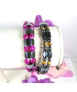 Pair of HEMATITE Vintage BEADED BRACELETS &amp; TIGER&#39;S EYE + Dark Pink Glas... - €17,92 EUR