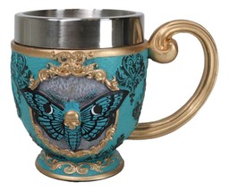 Wicca Turquoise Cameo Golden Lace Scroll Butterfly Moth Skull Tea Cup Mug - £24.28 GBP